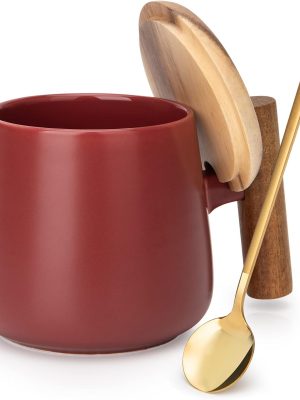 14 oz Ceramic Drinking Cup, with Lid and Spoon (Matte Red)