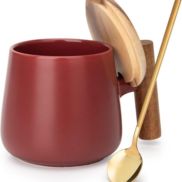 14 oz Ceramic Drinking Cup, with Lid and Spoon (Matte Red)