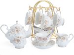 Tea Set 22-Piece Porcelain Ceramic Coffee Tea Gift Sets Cups Saucer Service for 6 Teapot Sugar Bowl Creamer Pitcher and Teaspoons (Chrysanthemum)