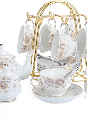 Tea Set 22-Piece Porcelain Ceramic Coffee Tea Gift Sets Cups Saucer Service for 6 Teapot Sugar Bowl Creamer Pitcher and Teaspoons (Chrysanthemum)