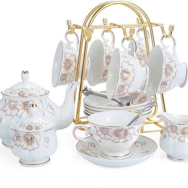 Tea Set 22-Piece Porcelain Ceramic Coffee Tea Gift Sets Cups Saucer Service for 6 Teapot Sugar Bowl Creamer Pitcher and Teaspoons (Chrysanthemum)