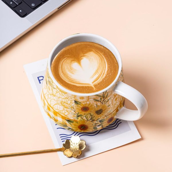 12 oz Ceramic Coffee Mug, Porcelain Tea Mug with Handle, Microwave and Dishwasher Safe, Large Latte Mug, Perfect for Office Work, Sunflower Pattern