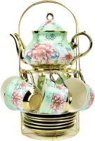20 Pieces Porcelain Tea Set With Metal Holder, Ceramic tea set for adults,Flower Tea Set,Tea Set For Women With Flower Painting