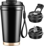 Insulated Travel Coffee Mug, 13oz Leakproof Coffee Tumblers With Strap & 2-In-1 Lids, Vacuum-Insulated Stainless Steel Reusable Coffee Cup For Hot & Cold Drinks(Black)