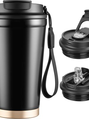 Insulated Travel Coffee Mug, 13oz Leakproof Coffee Tumblers With Strap & 2-In-1 Lids, Vacuum-Insulated Stainless Steel Reusable Coffee Cup For Hot & Cold Drinks(Black)