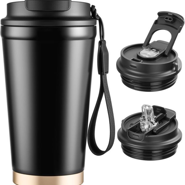 Insulated Travel Coffee Mug, 13oz Leakproof Coffee Tumblers With Strap & 2-In-1 Lids, Vacuum-Insulated Stainless Steel Reusable Coffee Cup For Hot & Cold Drinks(Black)