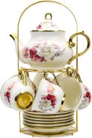 20-Pieces Porcelain ,Gold Rim Coffee Set with Golden Metal Rack,Tea Gift Sets for Home&Party