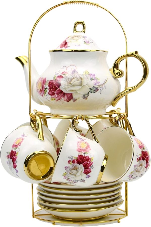 20-Pieces Porcelain ,Gold Rim Coffee Set with Golden Metal Rack,Tea Gift Sets for Home&Party