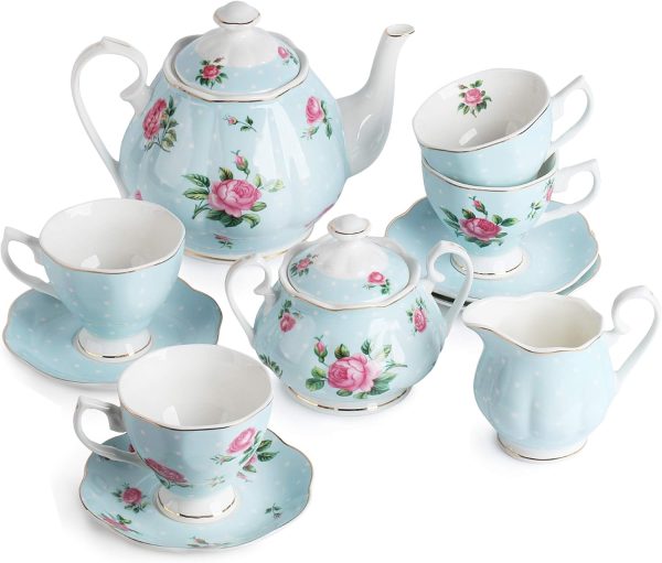 Floral Tea Set, Tea cups (8oz), Tea Pot (38oz), Creamer and Sugar Set, Gift box, Tea Sets for Women, Tea Cups and Saucer Set, for Adults, 4 Tea Cups Set, Mother's Day Gift
