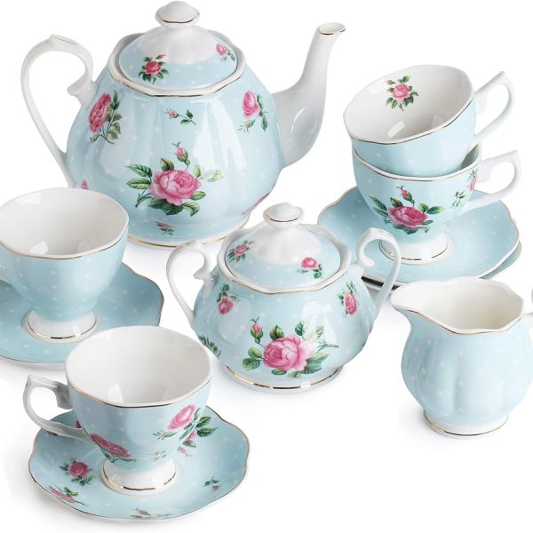Floral Tea Set, Tea cups (8oz), Tea Pot (38oz), Creamer and Sugar Set, Gift box, Tea Sets for Women, Tea Cups and Saucer Set, for Adults, 4 Tea Cups Set, Mother's Day Gift