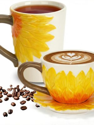 Ceramic Coffee Mug Set - Sunflower Couple Mug Set, includes a 15-ounce teacup, a 9-ounce wide-mouth cappuccino mug, and a saucer. 3D design, suitable for both men and women, perfect as a birthday/Christmas gift.