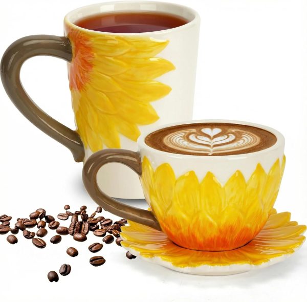 Ceramic Coffee Mug Set - Sunflower Couple Mug Set, includes a 15-ounce teacup, a 9-ounce wide-mouth cappuccino mug, and a saucer. 3D design, suitable for both men and women, perfect as a birthday/Christmas gift.