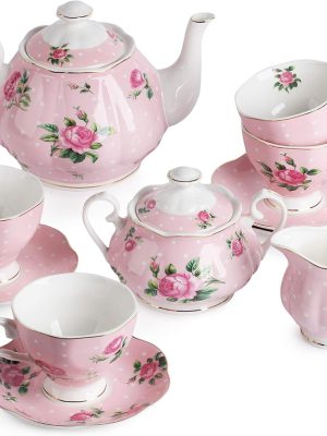 Floral Tea Set, Tea cups (8oz), Tea Pot (38oz), Creamer and Sugar Set, Gift box,  Tea Sets for Women, Tea Cups and Saucer Set, Tea Set for Adults, 4 Tea Cups Set, Mother's Day Gift