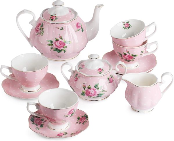 Floral Tea Set, Tea cups (8oz), Tea Pot (38oz), Creamer and Sugar Set, Gift box, Tea Sets for Women, Tea Cups and Saucer Set, Tea Set for Adults, 4 Tea Cups Set, Mother's Day Gift