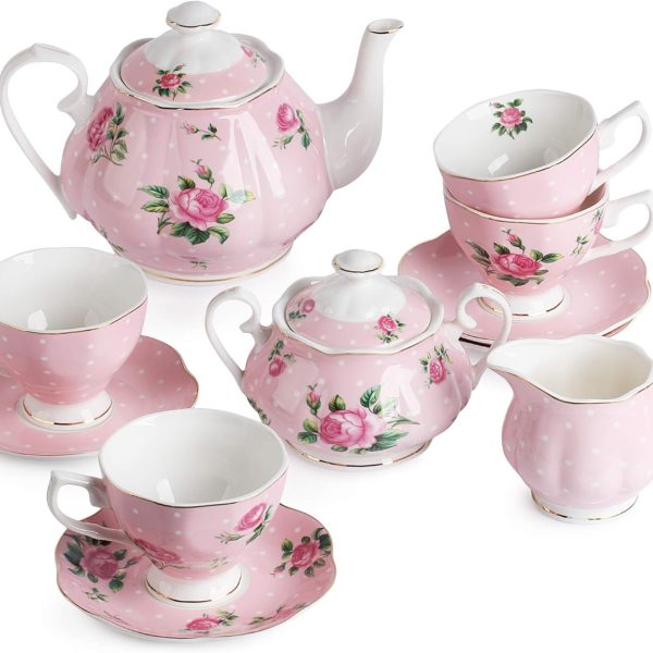 Floral Tea Set, Tea cups (8oz), Tea Pot (38oz), Creamer and Sugar Set, Gift box, Tea Sets for Women, Tea Cups and Saucer Set, Tea Set for Adults, 4 Tea Cups Set, Mother's Day Gift