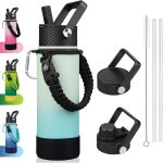 Insulated Water Bottle with Straw Lid, 22oz  Water Bottles with 3 Lids, Paracord Handle & Non-slip Boot, BPA Free Leak Proof Stainless Steel Tumblers, Cups,Mint