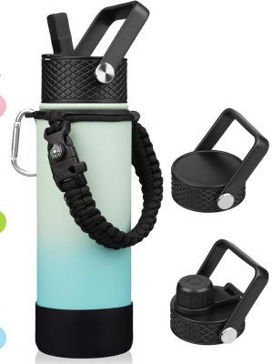 Insulated Water Bottle with Straw Lid, 22oz  Water Bottles with 3 Lids, Paracord Handle & Non-slip Boot, BPA Free Leak Proof Stainless Steel Tumblers, Cups,Mint