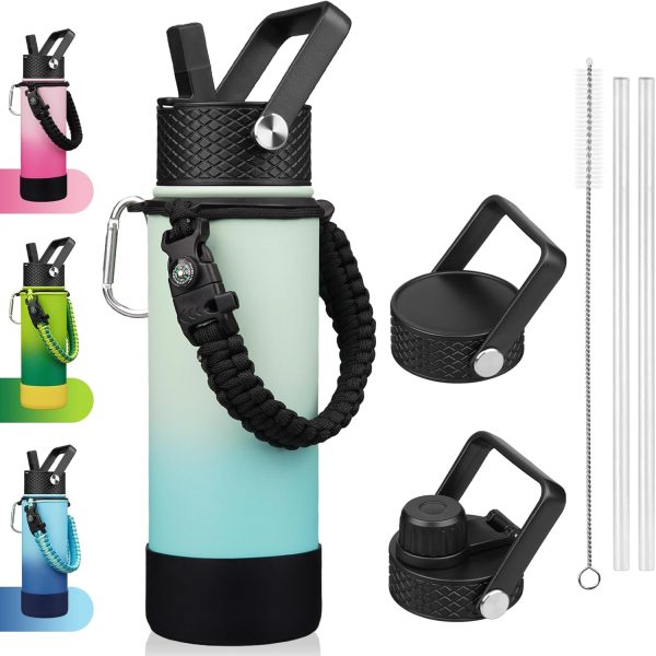Insulated Water Bottle with Straw Lid, 22oz Water Bottles with 3 Lids, Paracord Handle & Non-slip Boot, BPA Free Leak Proof Stainless Steel Tumblers, Cups,Mint