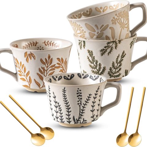 This 11-ounce ceramic mug set is a unique and luxurious four-piece set, complete with a premium spoon. It's suitable for coffee, milk, latte, cappuccino, and tea, perfect for office and home use. Dishwasher safe, it's an ideal birthday gift, and it's also microwave and freezer safe.