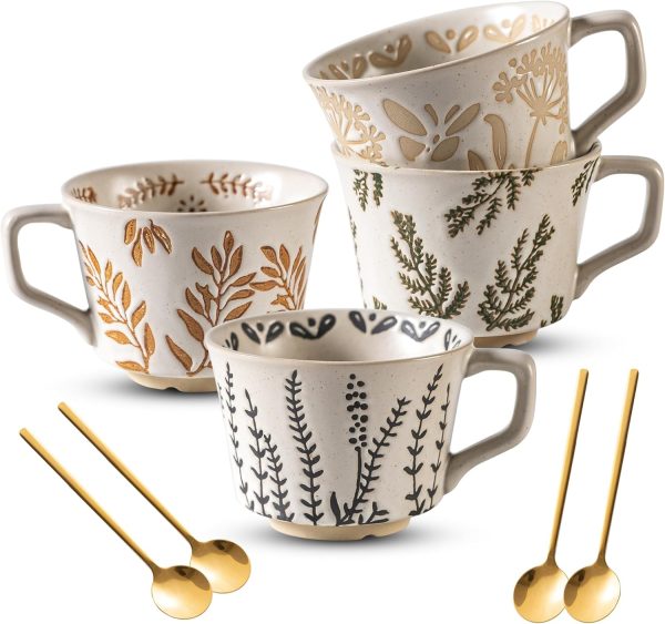 This 11-ounce ceramic mug set is a unique and luxurious four-piece set, complete with a premium spoon. It's suitable for coffee, milk, latte, cappuccino, and tea, perfect for office and home use. Dishwasher safe, it's an ideal birthday gift, and it's also microwave and freezer safe.