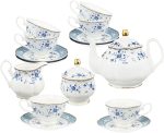 21 Piece Floral Porcelain Tea Set, British Tea Cup and Saucer Set for 6, Tea Party Set for Women, Blue Roses