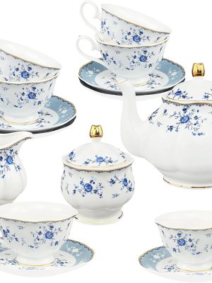 21 Piece Floral Porcelain Tea Set, British Tea Cup and Saucer Set for 6, Tea Party Set for Women, Blue Roses