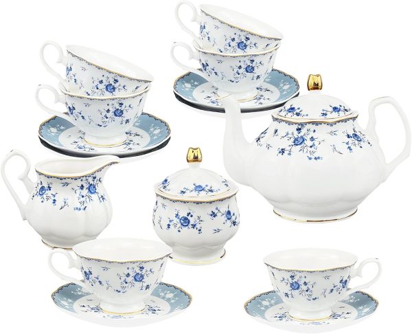 21 Piece Floral Porcelain Tea Set, British Tea Cup and Saucer Set for 6, Tea Party Set for Women, Blue Roses