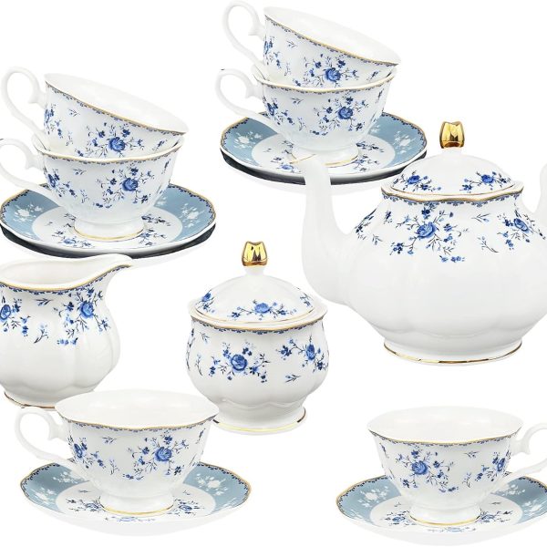 21 Piece Floral Porcelain Tea Set, British Tea Cup and Saucer Set for 6, Tea Party Set for Women, Blue Roses
