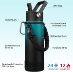 Insulated Water Bottle with Straw Lid, 22oz  Water Bottles with 3 Lids, Paracord Handle & Non-slip Boot, BPA Free Leak Proof Stainless Steel Tumblers,Army Green & Black