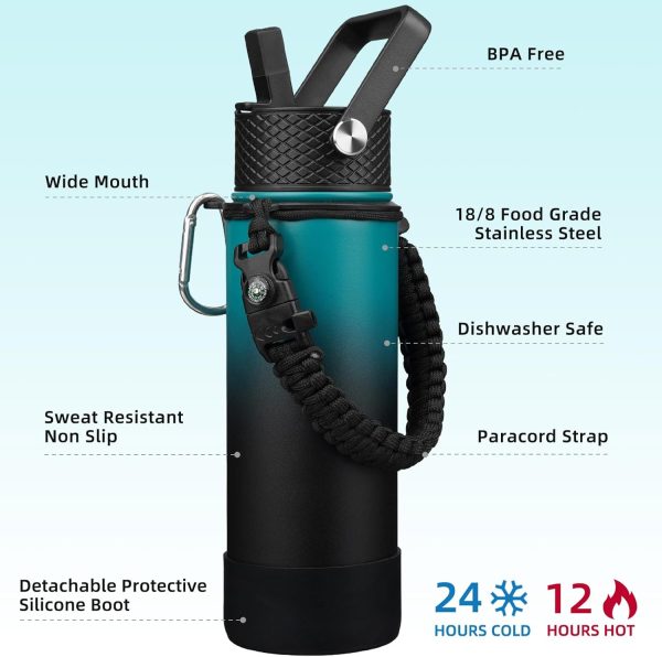 Insulated Water Bottle with Straw Lid, 22oz  Water Bottles with 3 Lids, Paracord Handle & Non-slip Boot, BPA Free Leak Proof Stainless Steel Tumblers,Army Green & Black