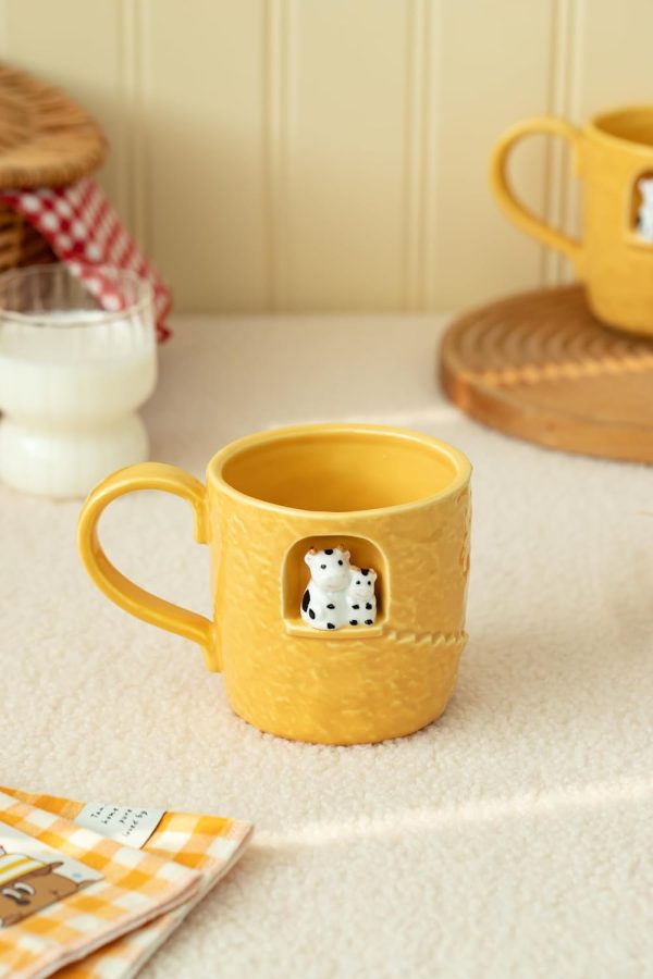 Ceramic coffee mug, family-themed gift, handmade teacup with cow design for parents and children, with windowsill sculpture, perfect gift for Father's Day, Mother's Day, and birthdays (14 oz).