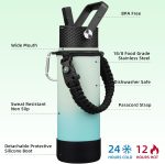 Insulated Water Bottle with Straw Lid, 22oz  Water Bottles with 3 Lids, Paracord Handle & Non-slip Boot, BPA Free Leak Proof Stainless Steel Tumblers, Cups,Mint