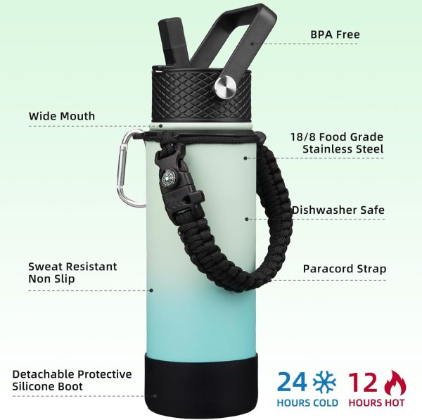 Insulated Water Bottle with Straw Lid, 22oz  Water Bottles with 3 Lids, Paracord Handle & Non-slip Boot, BPA Free Leak Proof Stainless Steel Tumblers, Cups,Mint