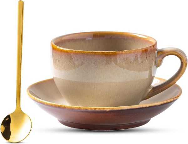 Ceramic Drinking Cup with Saucer and Spoon, Vintage Design