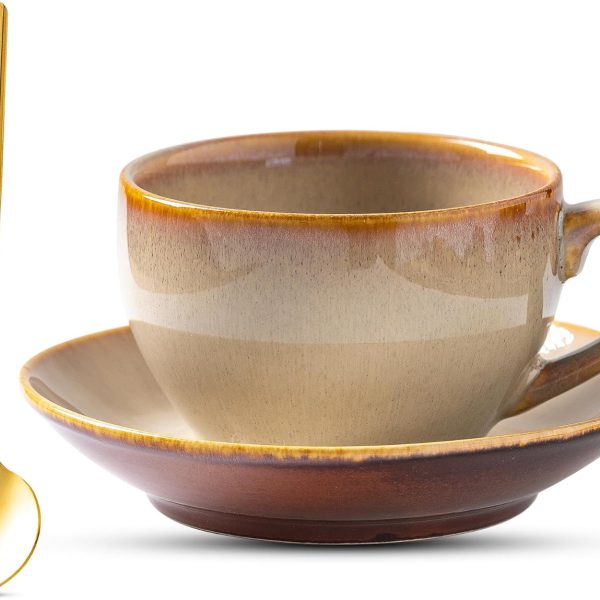 Ceramic Drinking Cup with Saucer and Spoon, Vintage Design