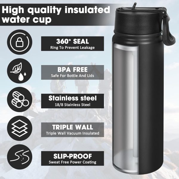 24 oz Insulated Water Bottle with Straw, Stainless Steel Double Wall Vacuum  with Straw Lid Leak Proof, Wide Mouth Lid, Keep Cold and Hot