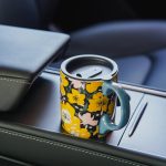 Ceramic coffee mug, porcelain latte mug, with lid, 17 oz, unisex, office and home décor, yellow floral pattern.