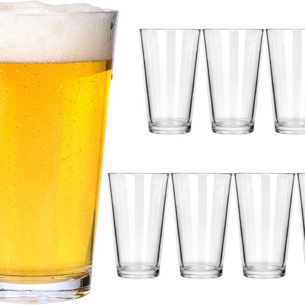 8pcs 16oz Beer Pint Glasses, Drinking Glasses Set of 8 Highball Glasses Water Cups for Cold Beverages