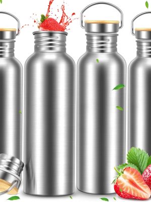 4 Pieces Camping Water Bottle Stainless Steel Large Metal Water Bottle with Handle and Bamboo Lid Leakproof Lightweight Single Wall Stainless Steel Sports Water Bottle (34 oz)