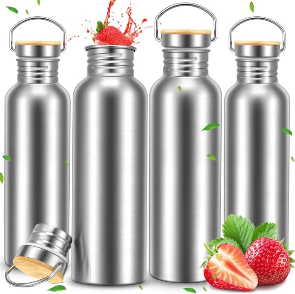 4 Pieces Camping Water Bottle Stainless Steel Large Metal Water Bottle with Handle and Bamboo Lid Leakproof Lightweight Single Wall Stainless Steel Sports Water Bottle (34 oz)