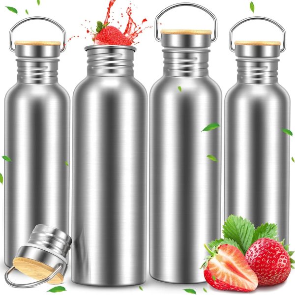 4 Pieces Camping Water Bottle Stainless Steel Large Metal Water Bottle with Handle and Bamboo Lid Leakproof Lightweight Single Wall Stainless Steel Sports Water Bottle (34 oz)