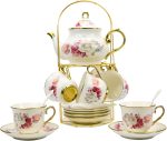 20-Pieces Porcelain ,Gold Rim Coffee Set with Golden Metal Rack,Tea Gift Sets for Home&Party