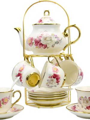 20-Pieces Porcelain ,Gold Rim Coffee Set with Golden Metal Rack,Tea Gift Sets for Home&Party