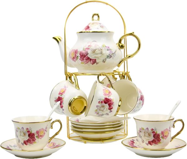 20-Pieces Porcelain ,Gold Rim Coffee Set with Golden Metal Rack,Tea Gift Sets for Home&Party