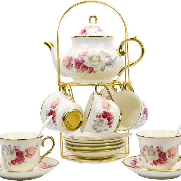 20-Pieces Porcelain ,Gold Rim Coffee Set with Golden Metal Rack,Tea Gift Sets for Home&Party