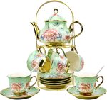 20 Pieces Porcelain Tea Set With Metal Holder, Ceramic tea set for adults,Flower Tea Set,Tea Set For Women With Flower Painting