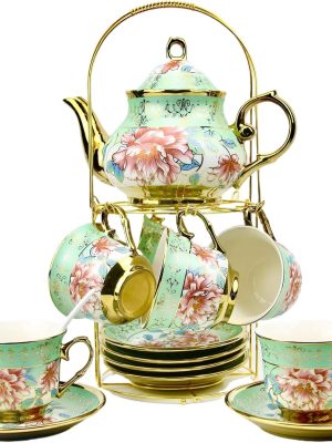 20 Pieces Porcelain Tea Set With Metal Holder,  Ceramic tea set for adults,Flower Tea Set,Tea Set For Women With Flower Painting