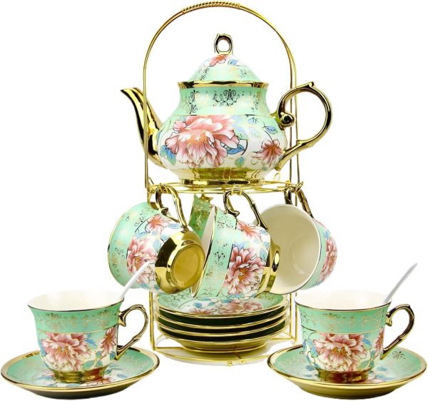 20 Pieces Porcelain Tea Set With Metal Holder, Ceramic tea set for adults,Flower Tea Set,Tea Set For Women With Flower Painting