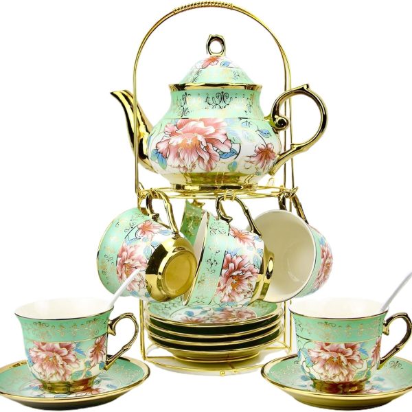 20 Pieces Porcelain Tea Set With Metal Holder, Ceramic tea set for adults,Flower Tea Set,Tea Set For Women With Flower Painting