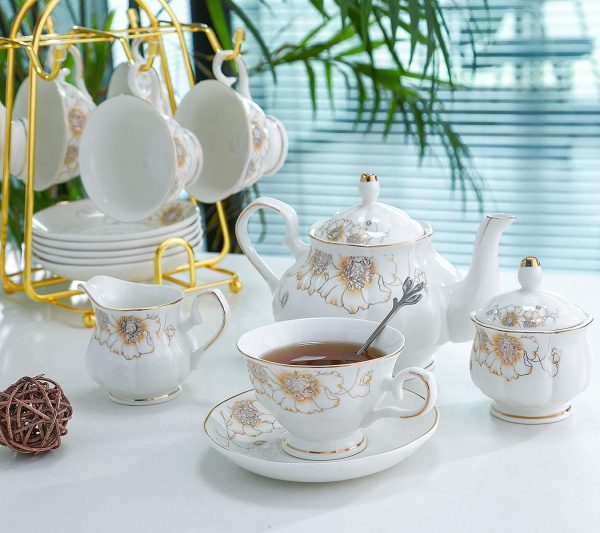 Tea Set 22-Piece Porcelain Ceramic Coffee Tea Gift Sets Cups Saucer Service for 6 Teapot Sugar Bowl Creamer Pitcher and Teaspoons (Chrysanthemum)